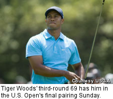 Tiger Woods' third-round 69 has him in the U.S. Open's final pairing Sunday.