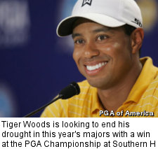 Tiger Woods is looking to end his drought in this year's majors with a win at the PGA Championship at Southern Hills.