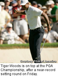 Tiger Woods is on top at the PGA Championship, after a near-record setting round on Friday.