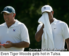 Even Tiger Woods gets hot in Tulsa.