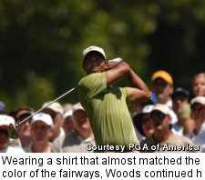 Wearing a shirt that almost matched the color of the fairways, Woods continued his surgical precision Saturday at Southern Hills.