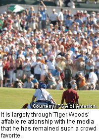 It is largely through Tiger Woods' affable relationship with the media that he has remained such a crowd favorite.