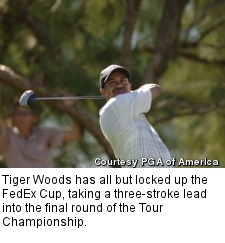Tiger Woods has all but locked up the FedEx Cup, taking a three-stroke lead into the final round of the Tour Championship.
