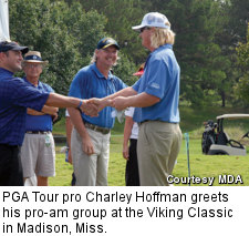 PGA Tour pro Charley Hoffman greets his pro-am group at the Viking Classic in Madison, Miss.