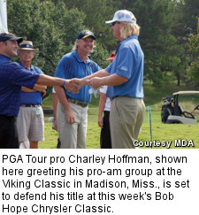 PGA Tour pro Charley Hoffman, shown here greeting his pro-am group at the Viking Classic in Madison, Miss., is set to defend his title at this week's Bob Hope Chrysler Classic.