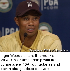 Tiger Woods enters this week's WGC-CA Championship with five consecutive PGA Tour victories and seven straight victories overall.