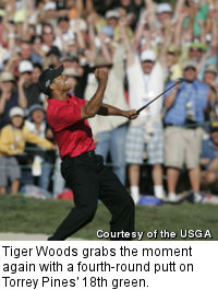 Tiger Woods grabs the moment again with a fourth-round putt on Torrey Pines' 18th green.