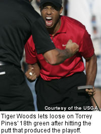 Tiger Woods lets loose on Torrey Pines' 18th green after hitting the putt that produced the playoff.