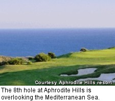 The 8th hole at Aphrodite Hills is overlooking the Mediterranean Sea.